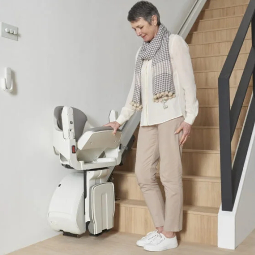 AccessBDD HomeGlide stair lift with joystick control and folding seat, San Francisco