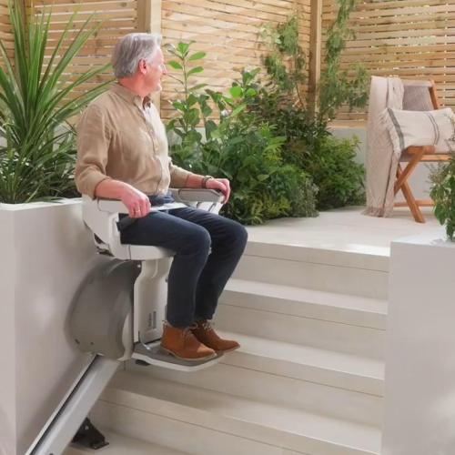 AccessBDD HomeGlide Outdoor stair lift folded for space, San Francisco Bay Area